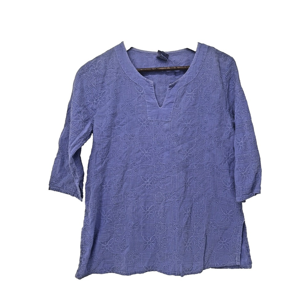 Focus purple tunic top cotton 3/4 Sleeve Embroidered Floral Swim Cover up blouse